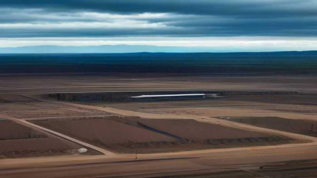 Aerial view of containerised mining buildings on an industrial site under overcast daylight