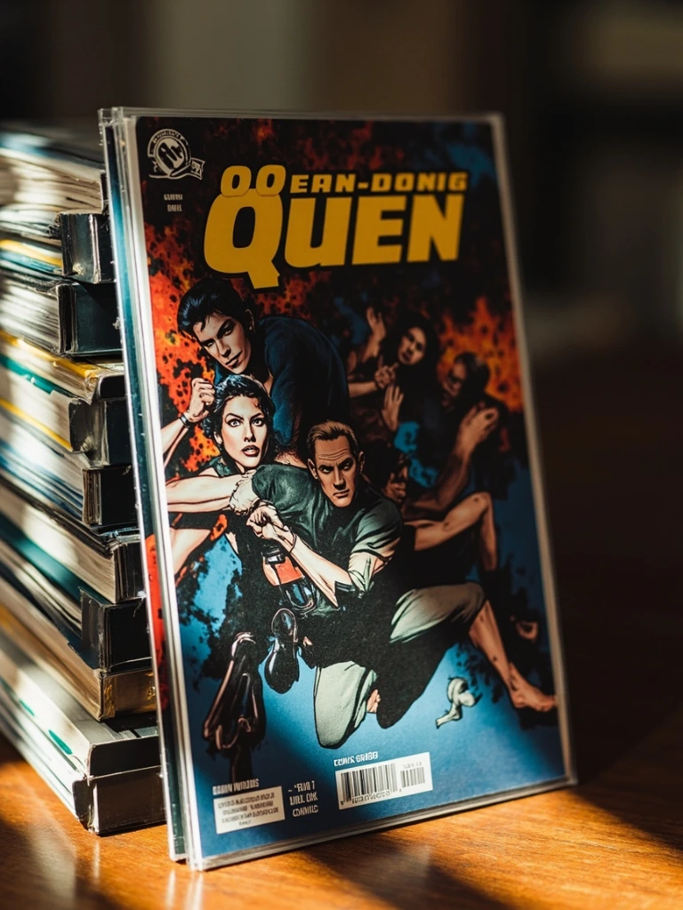 Single comic book issue leaning against a stack of other comics