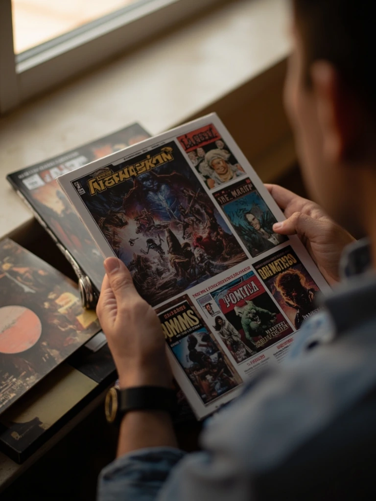 Hand holding a comic book in a cozy reading nook