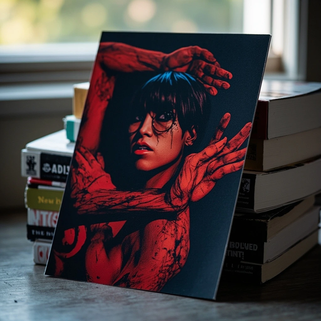 A single comic book cover propped against a small stack